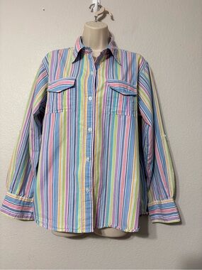 Cute Comfortable Vintage Inspired Pastel Multi-Stripe Button-Up Shirt 2 Chest Po